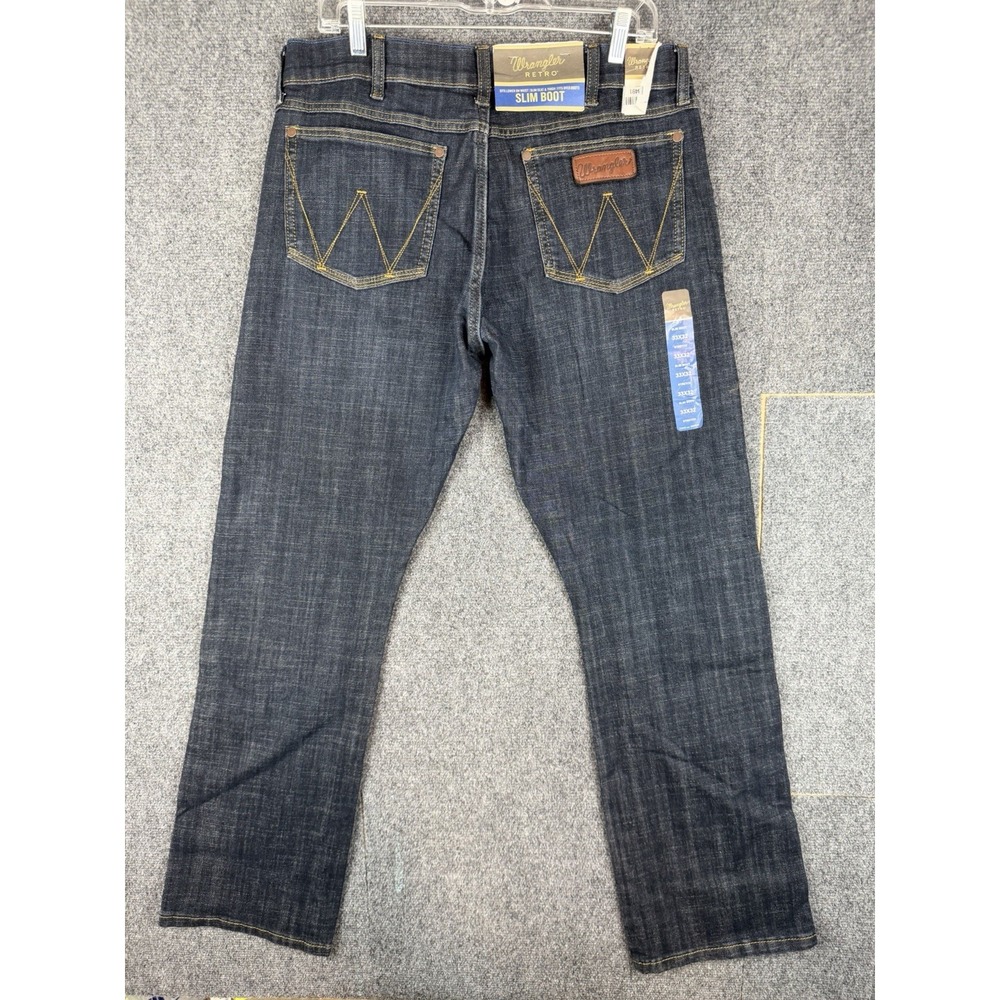 NWT Wrangler Retro Slim Boot Jeans Mens Blue Denim Size 33x32 Dark Wash